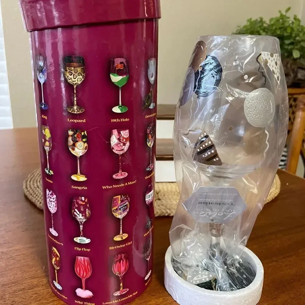 NIB Lolita “Celebration” Hand Painted Wine Glass Silver Black Gold